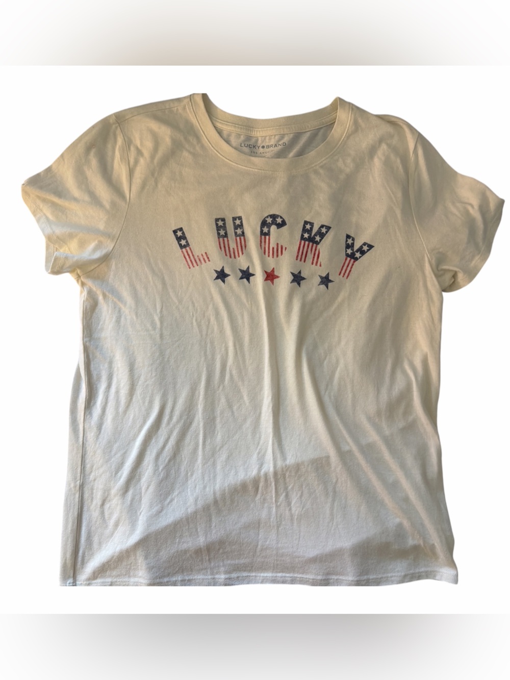 Lucky Brand White Tee with Patriotic 'LUCKY' Graphic